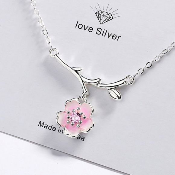 #NEW 925 Sterling Silver Pink White Diamond Cherry Blossom Leaf Branch Necklace - Picture 6 of 11